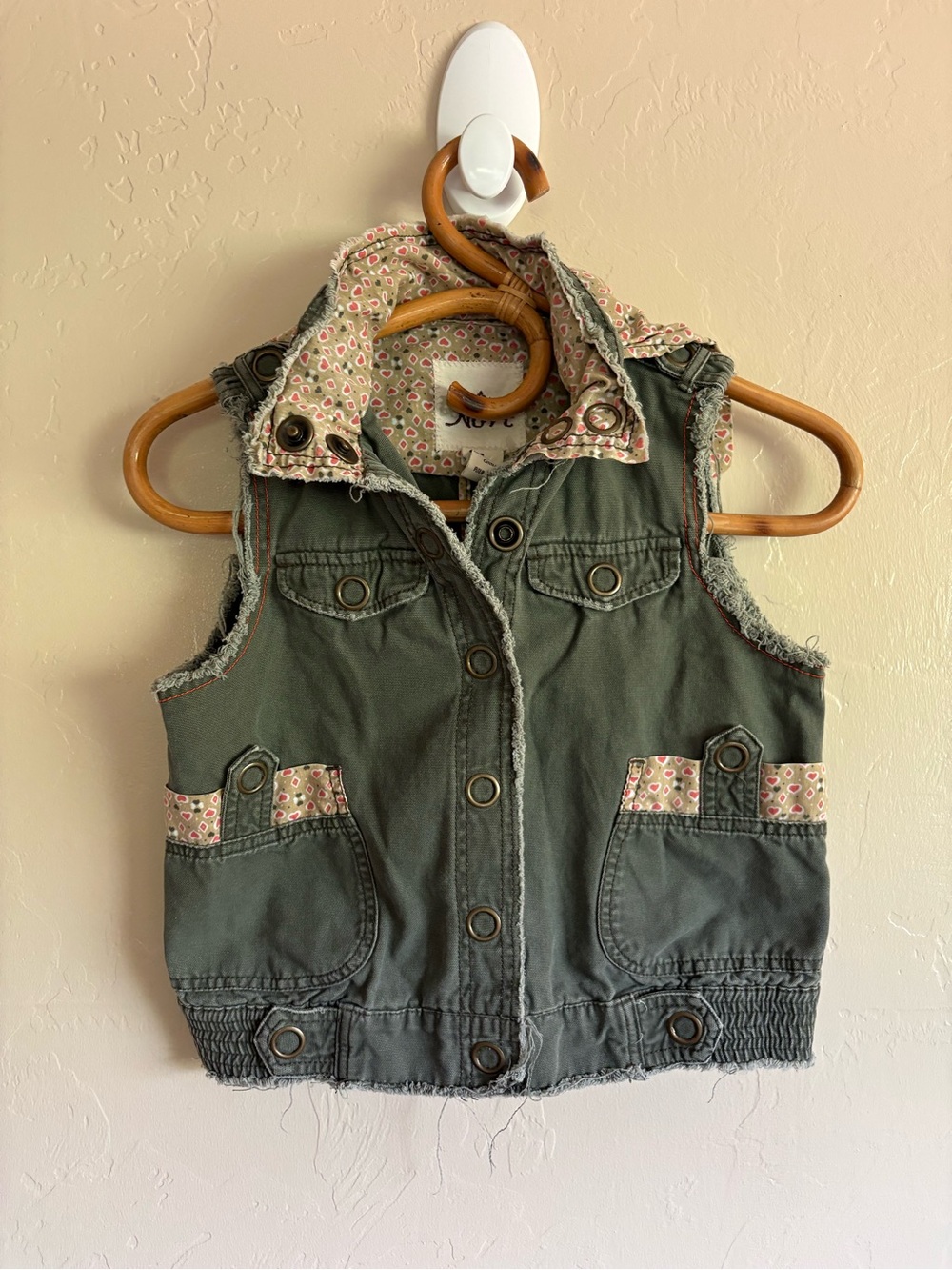 Y2K Nori Green Utility Vest Floral Lining Removable Hood Vintage 2000s Size 1 XS